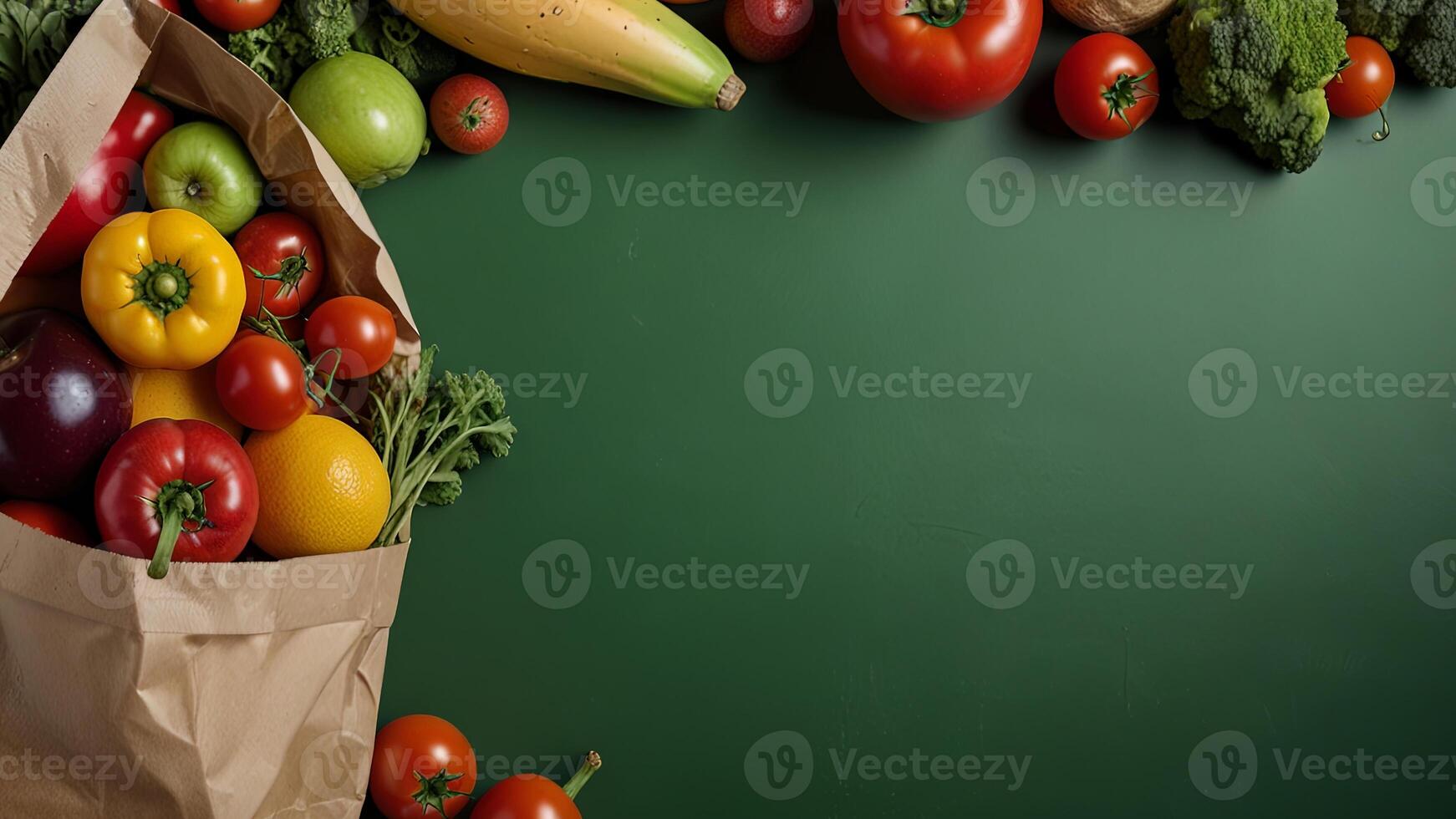Paper bag with healthy vegetables on a green background. Banner with copy space, top view. Culinary background with vegetarian food photo