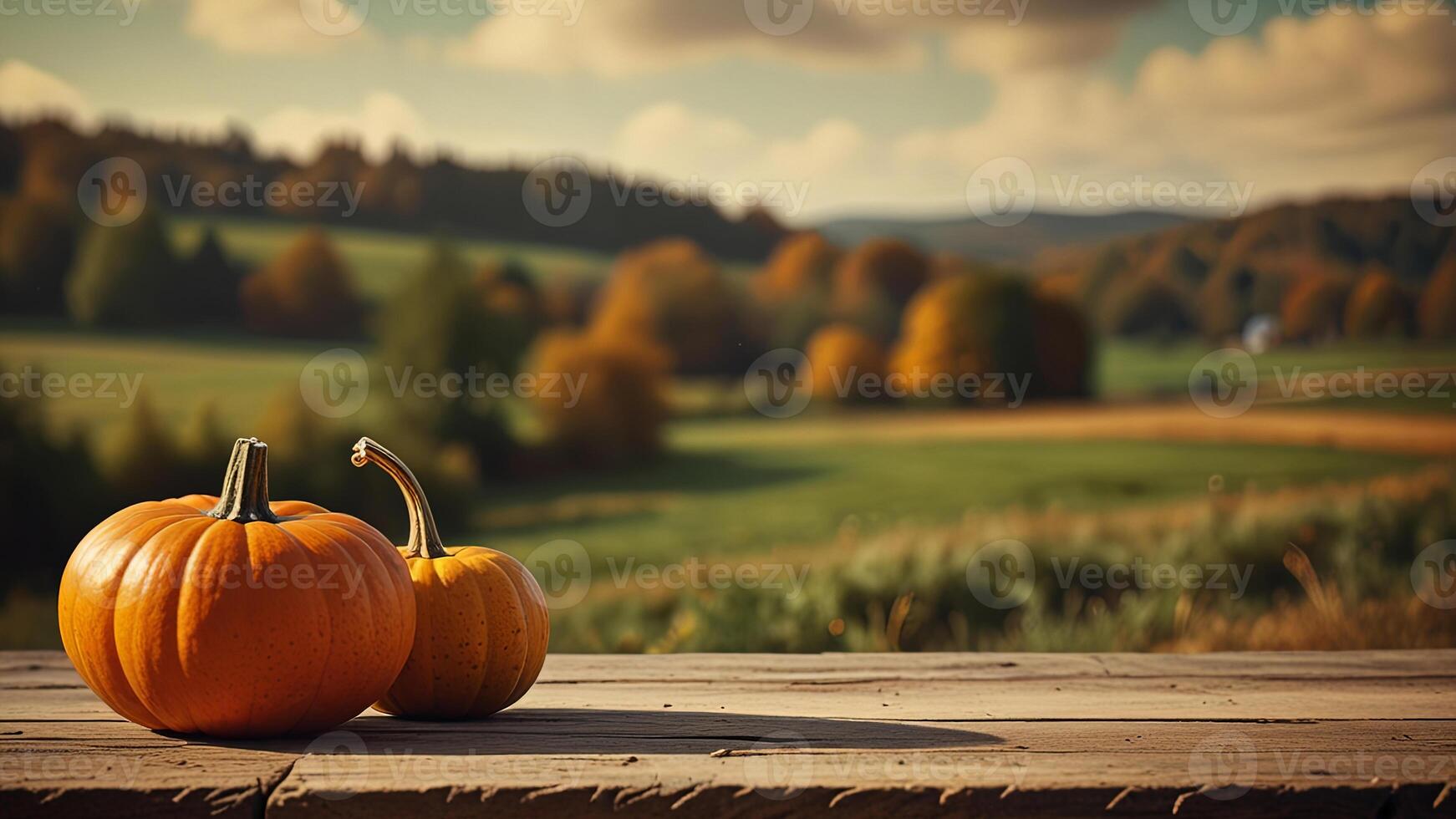Wooden surface with pumpkins on blurred rustic countryside seasonal autumn background. Mock up with copy space. Template showcase scene for display, montage, advertising product. photo