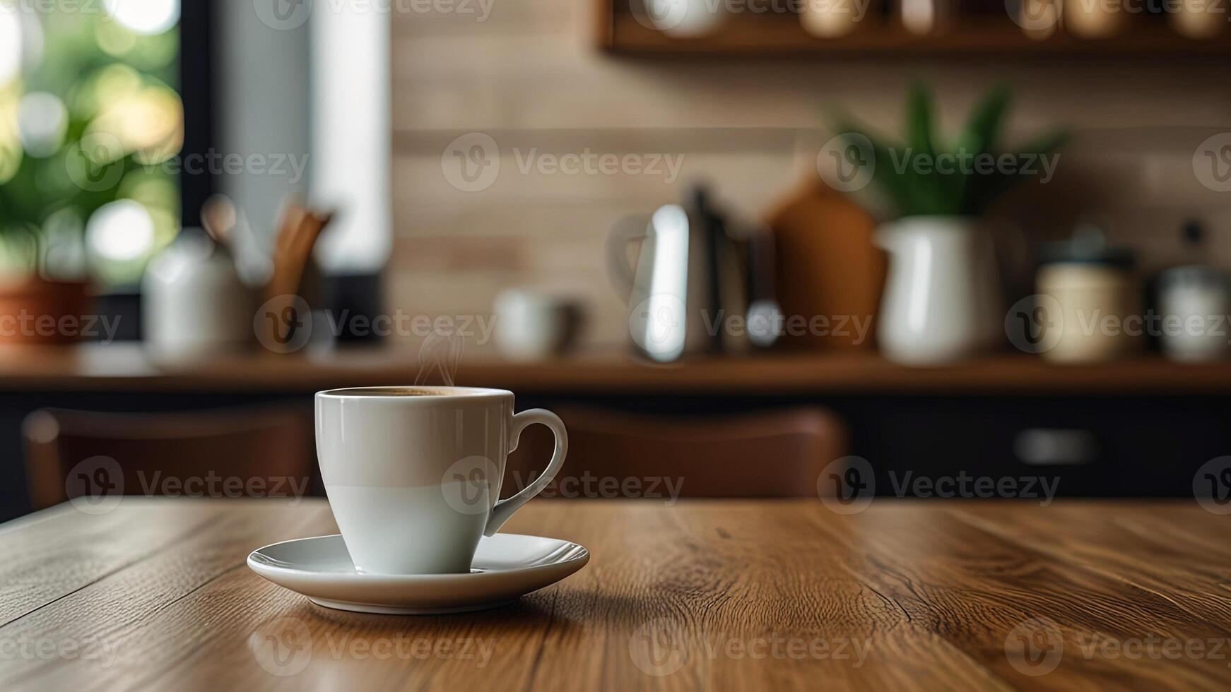 Wooden table top with hot cup of coffee on blurred kitchen, restaurant or bar interior background with copy space. photo