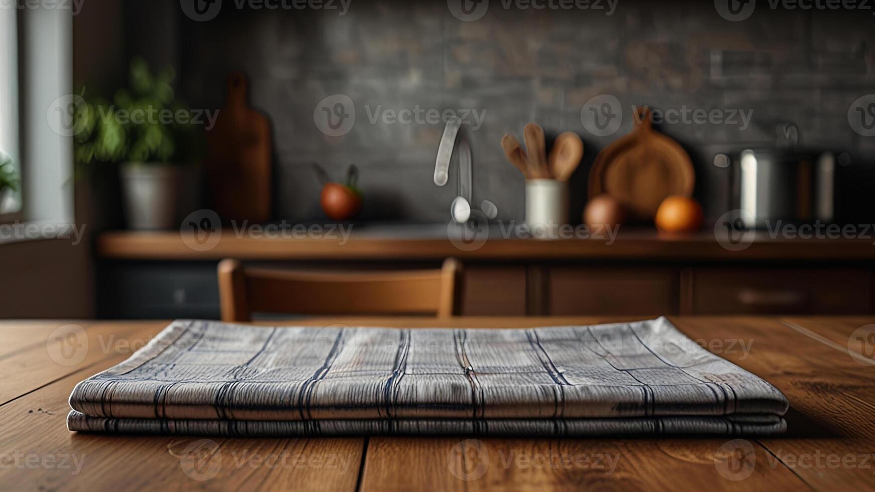 Wooden countertop with tablecloth on blurred modern kitchen interior background. Mock up with copy space. Template showcase scene for display, montage, advertising product photo