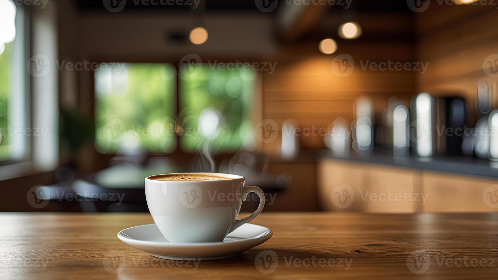 Wooden table top with hot cup of coffee on blurred kitchen, restaurant or bar interior background with copy space. photo