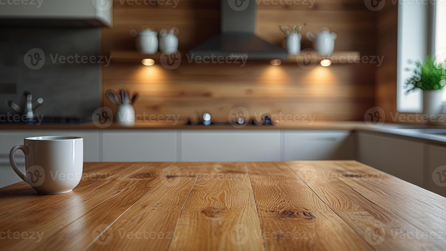 Wooden countertop with cup of tea or coffee on blurred modern kitchen interior background. Mock up with copy space. Template showcase scene for display, montage, advertising product photo