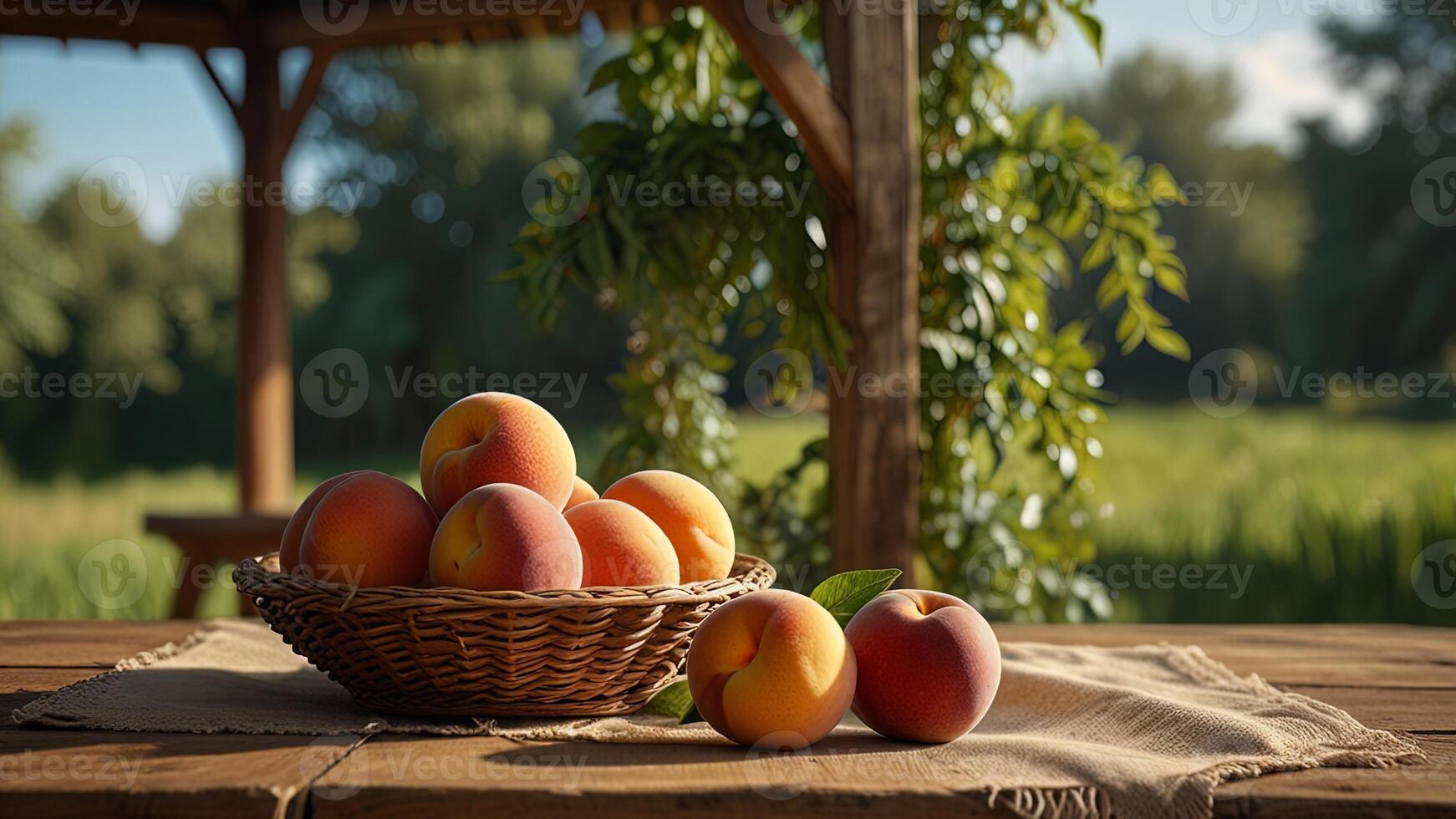 Ripe fragrant peaches in a wicker bowl on a wooden surface on rustic countryside blurred background. Banner with copy space. Farm natural products concept. Nature landscape photo