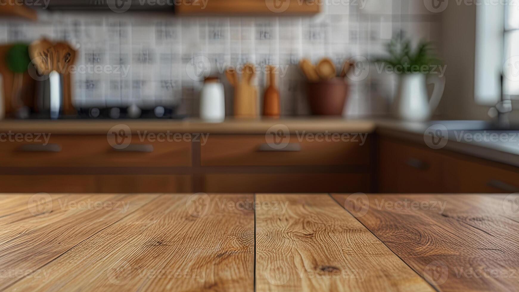 Empty wooden countertop on blurred modern kitchen interior background. Mock up with copy space. Template showcase scene for display, montage, advertising product photo