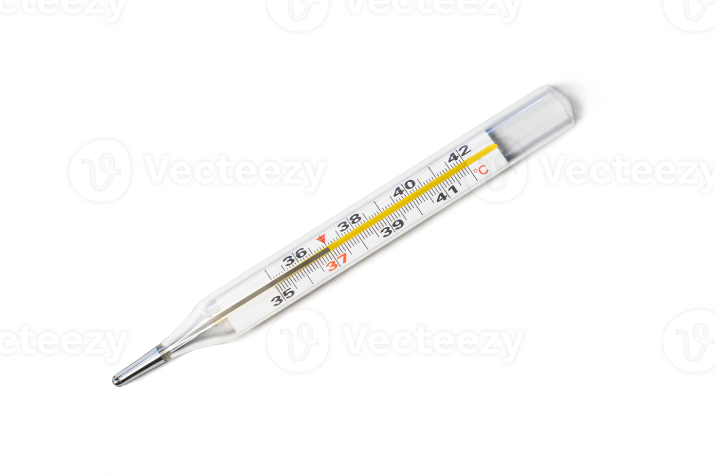 Mercury-in-glass thermometer with temperature mark 37 C isolated on transparent background flat lay png