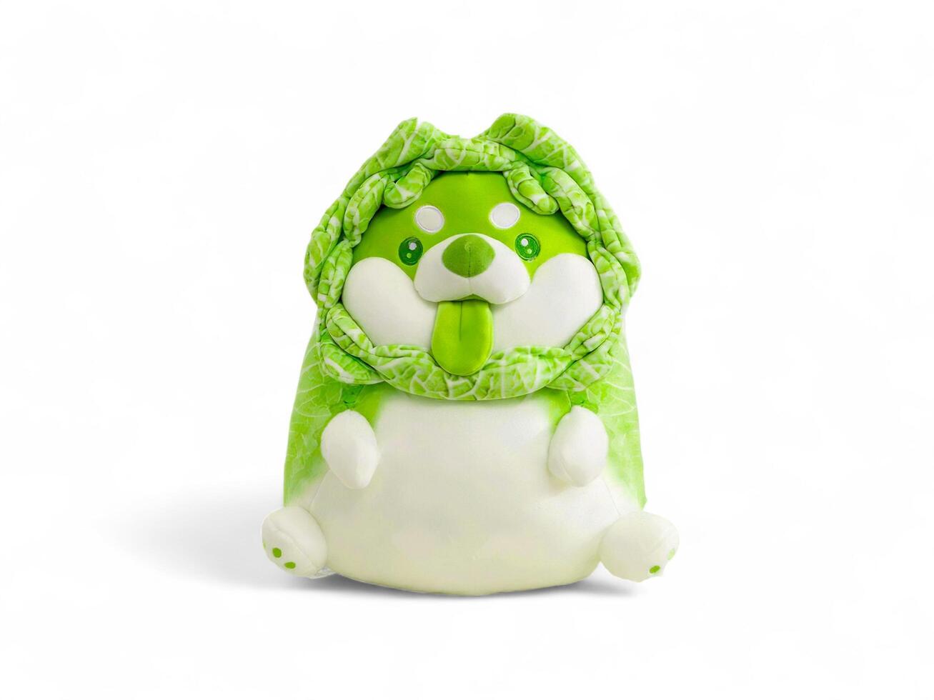 Cute stuffed dog animal character in a cabbage costume on a white background photo