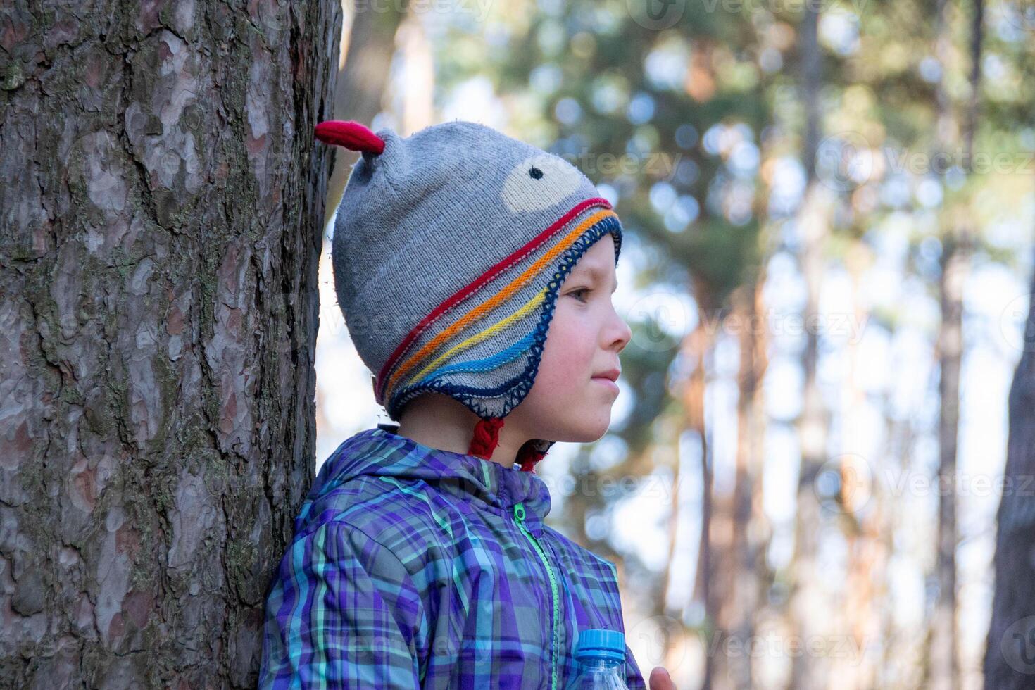 Boy spends happy time outdoors in forest enjoying autumn nature photo