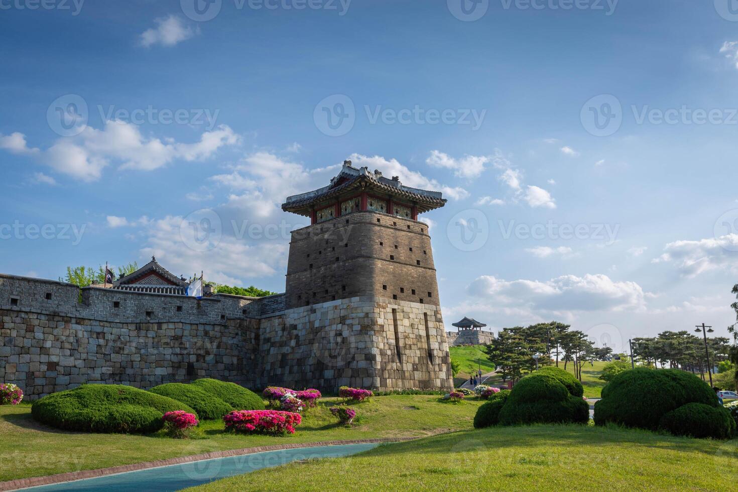 Old city wall at Hwaseong Fortress in summer, Traditional Architecture of Korea at Suwon, South Korea. photo