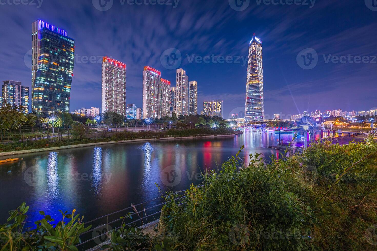 Night view and beautifully lit at Songdo Central Park in Songdo District, Incheon South Korea. photo