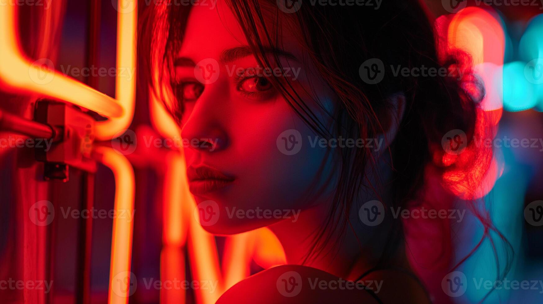 Photo of girl illuminated by neon sign, digital alphabet lettering, backlight, close up of upper body