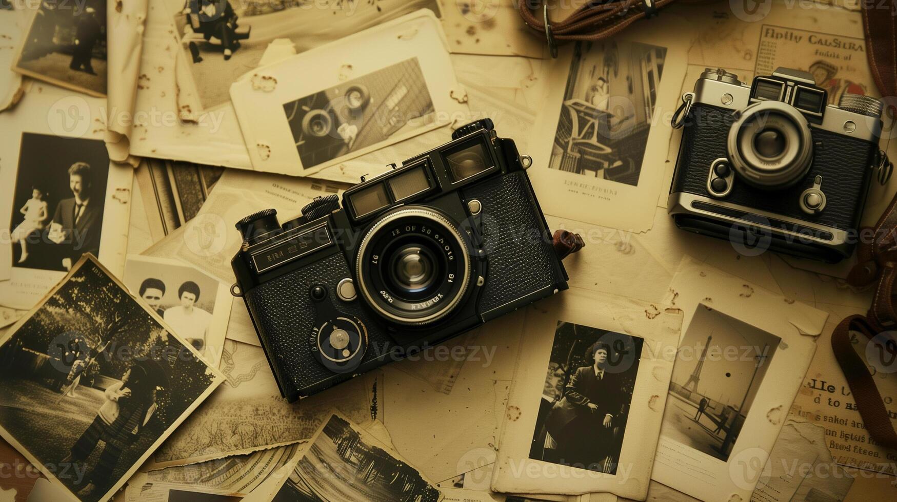 Camera and photographs lying on a plain surface on beautiful background, top view photo