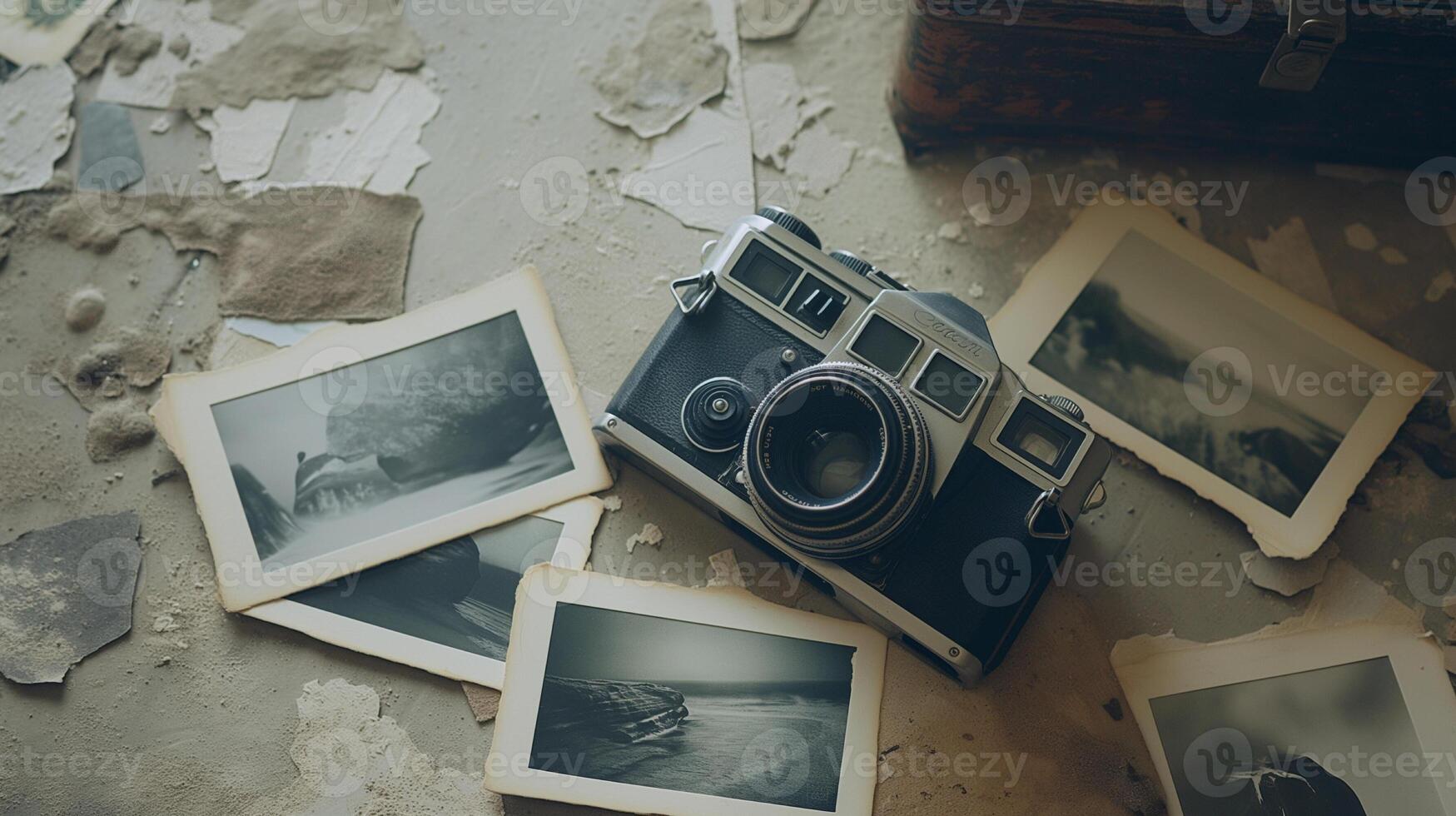 Camera and photographs lying on a plain surface on beautiful background, top view photo