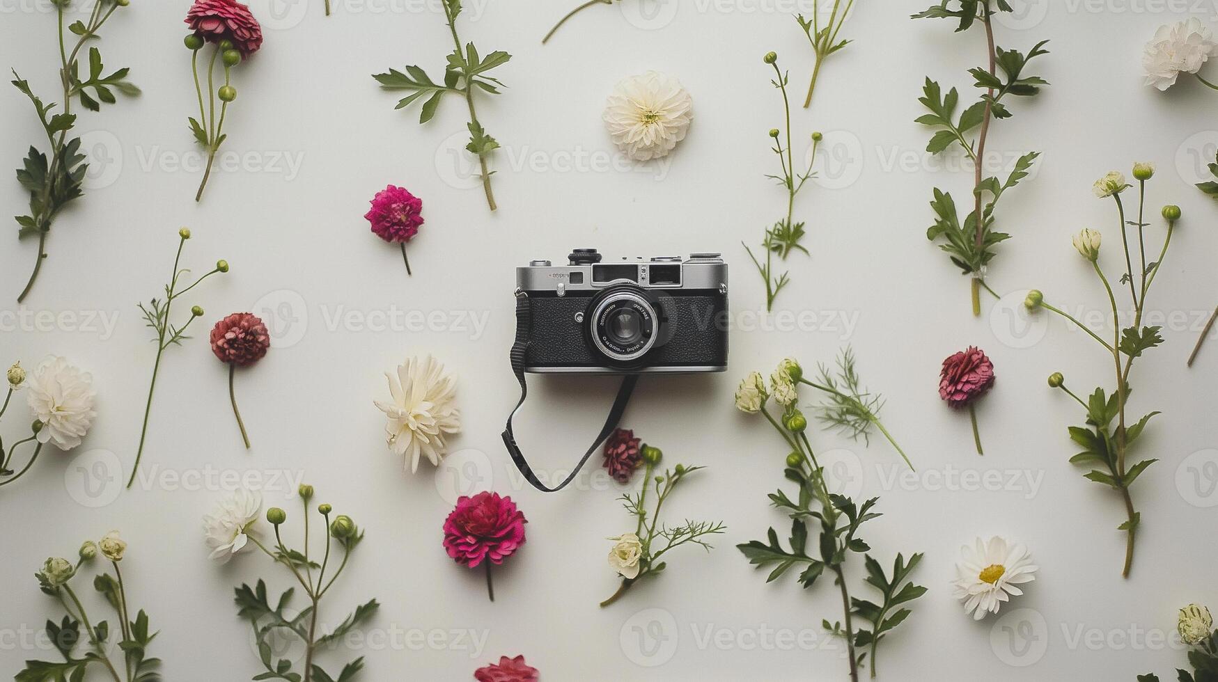 Camera and photographs lying on a plain surface on beautiful background, top view photo