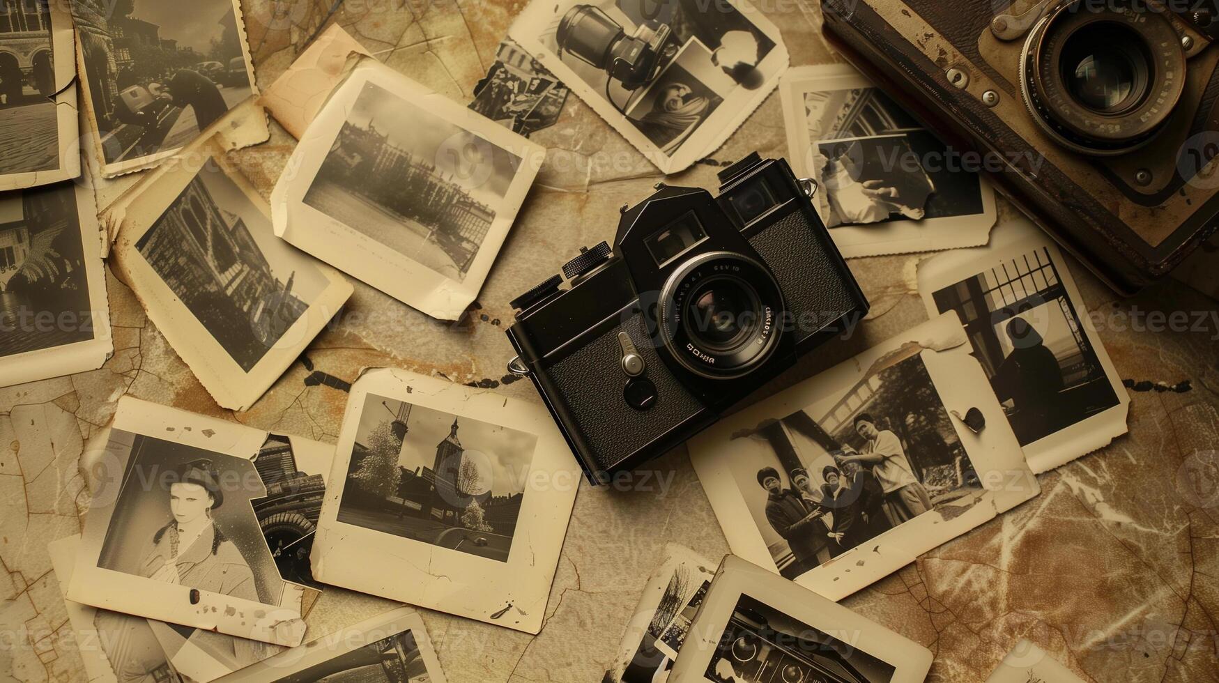 Camera and photographs lying on a plain surface on beautiful background, top view photo