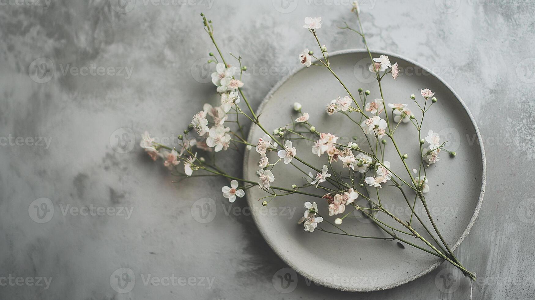 Several sprigs of flowers on a concrete flat plate on a concrete background photo