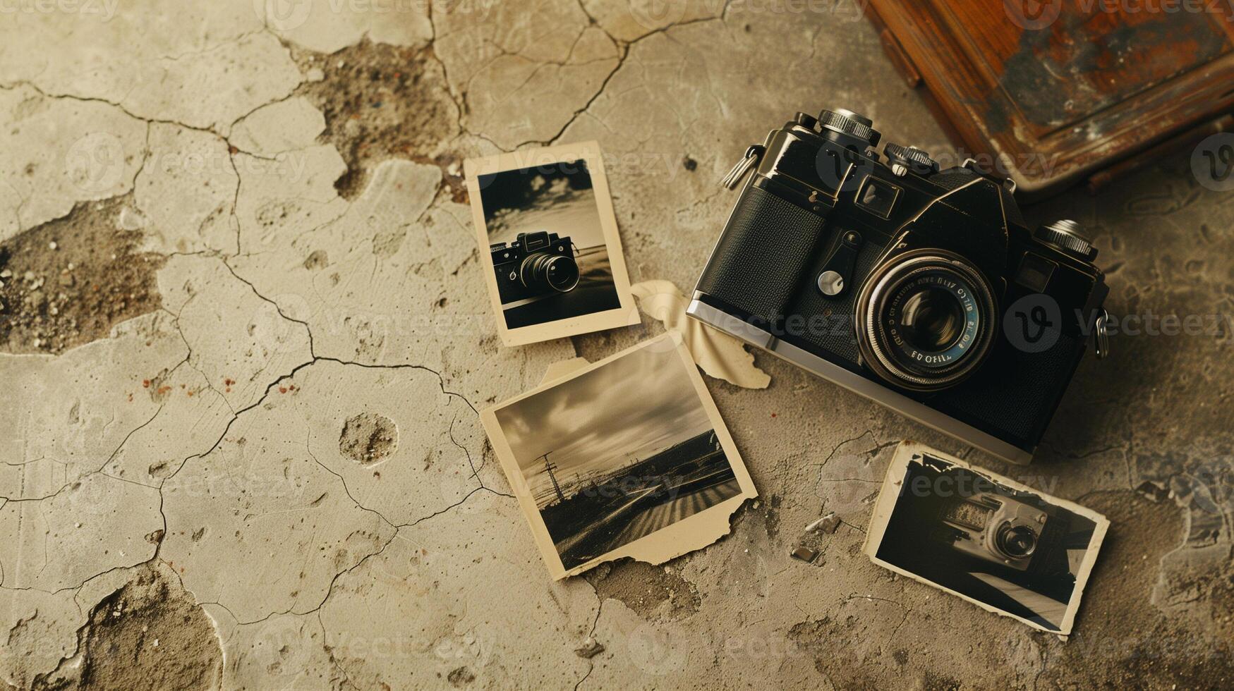 Camera and photographs lying on a plain surface on beautiful background, top view photo