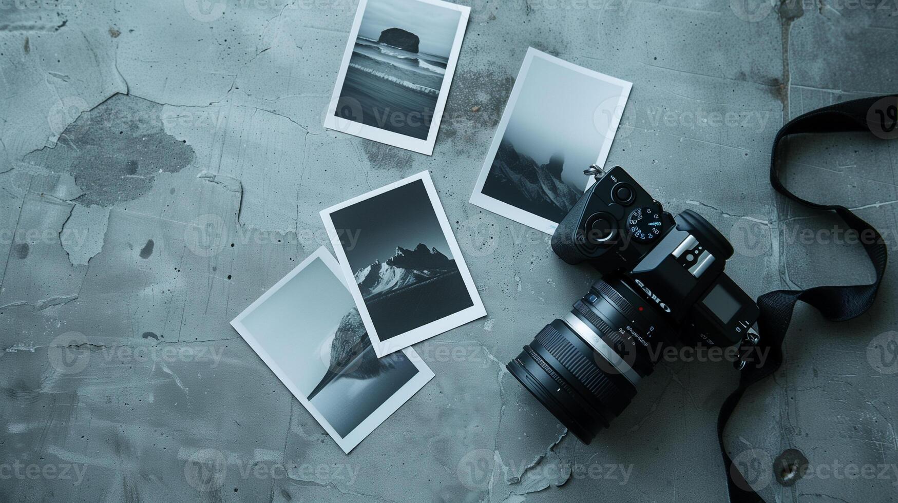 Camera and photographs lying on a plain surface on beautiful background, top view photo