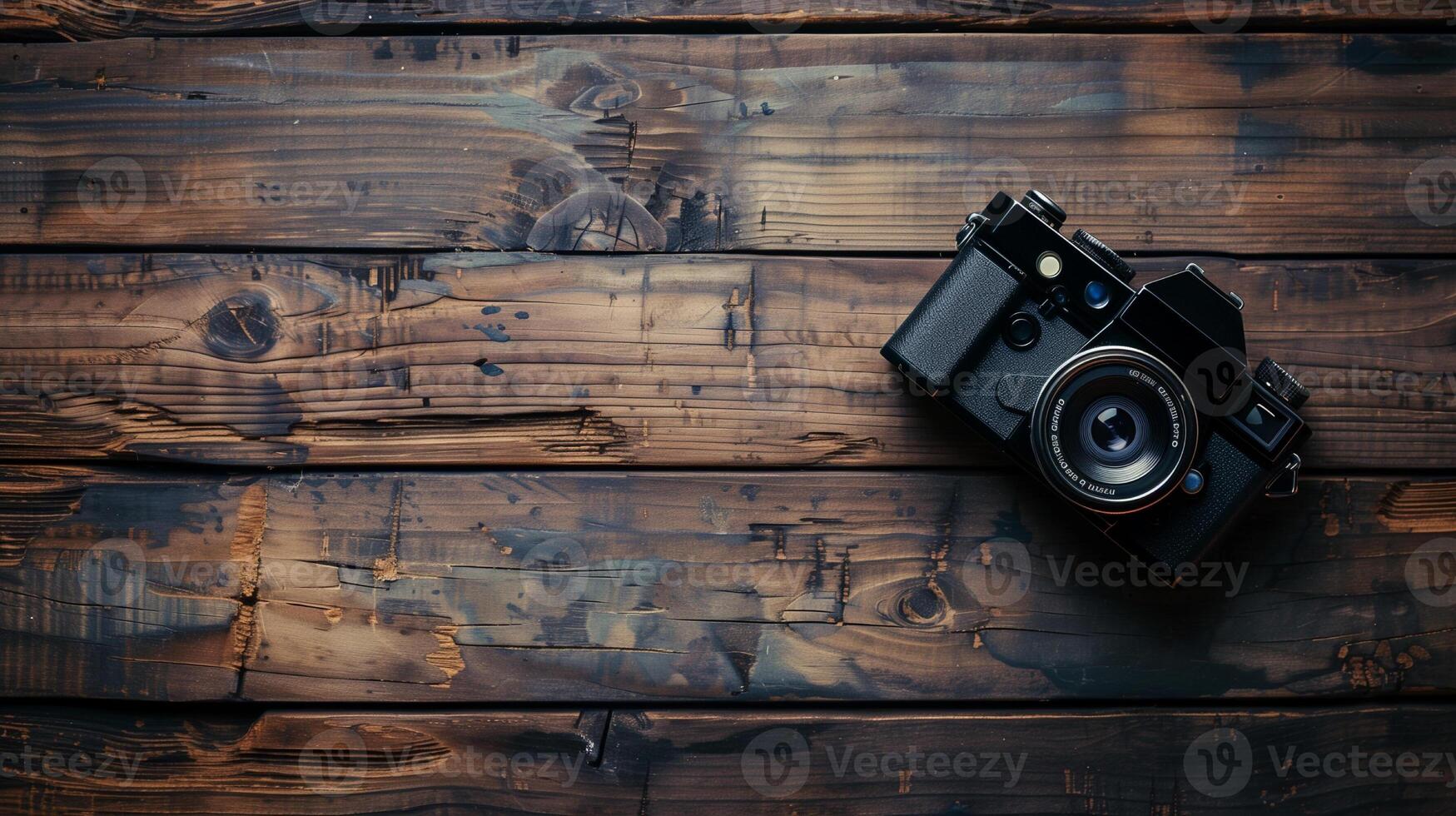 Camera lying on a wooden plain surface on beautiful background, top view photo