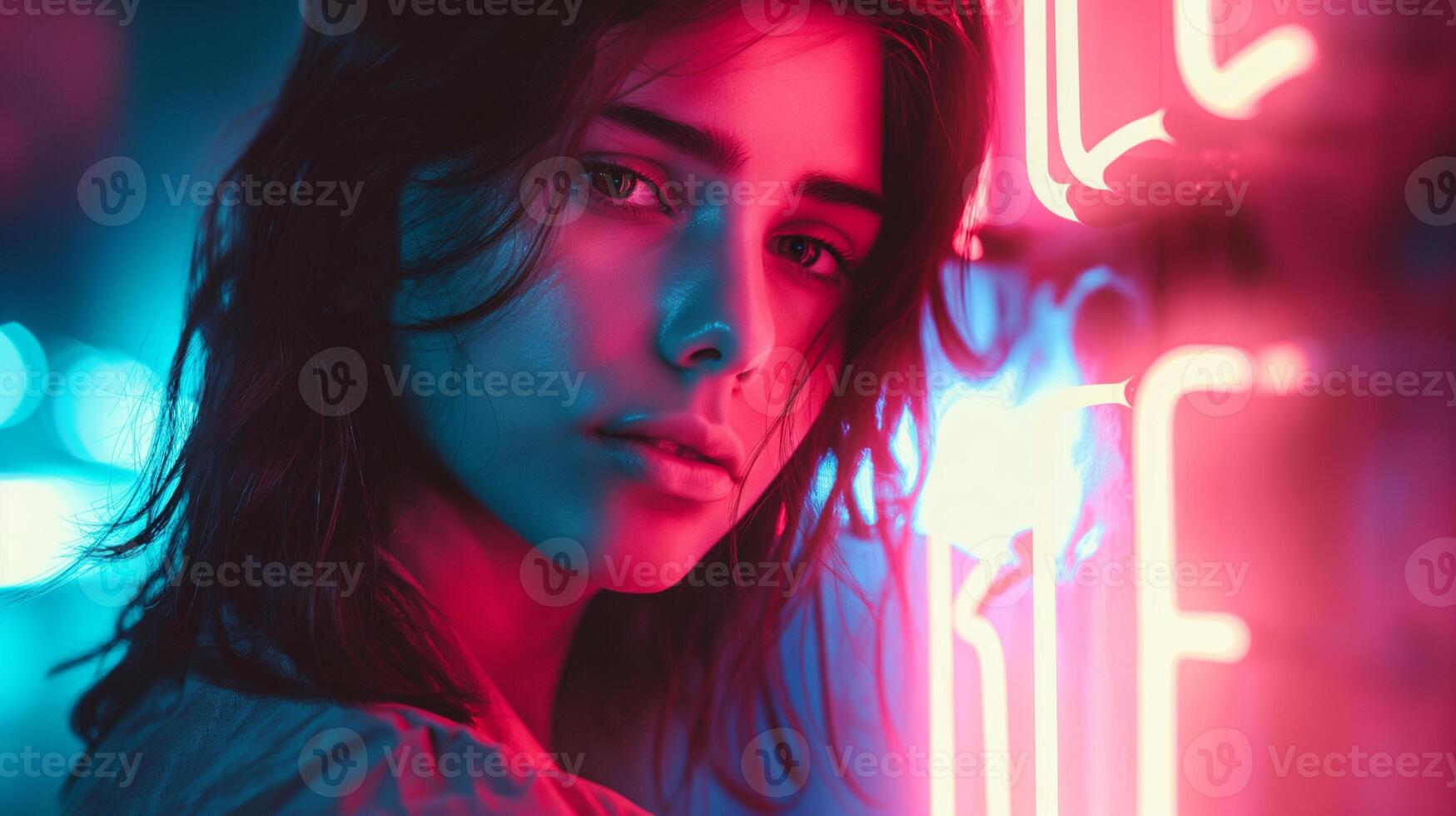 Photo of girl illuminated by neon sign, digital alphabet lettering, backlight, close up of upper body