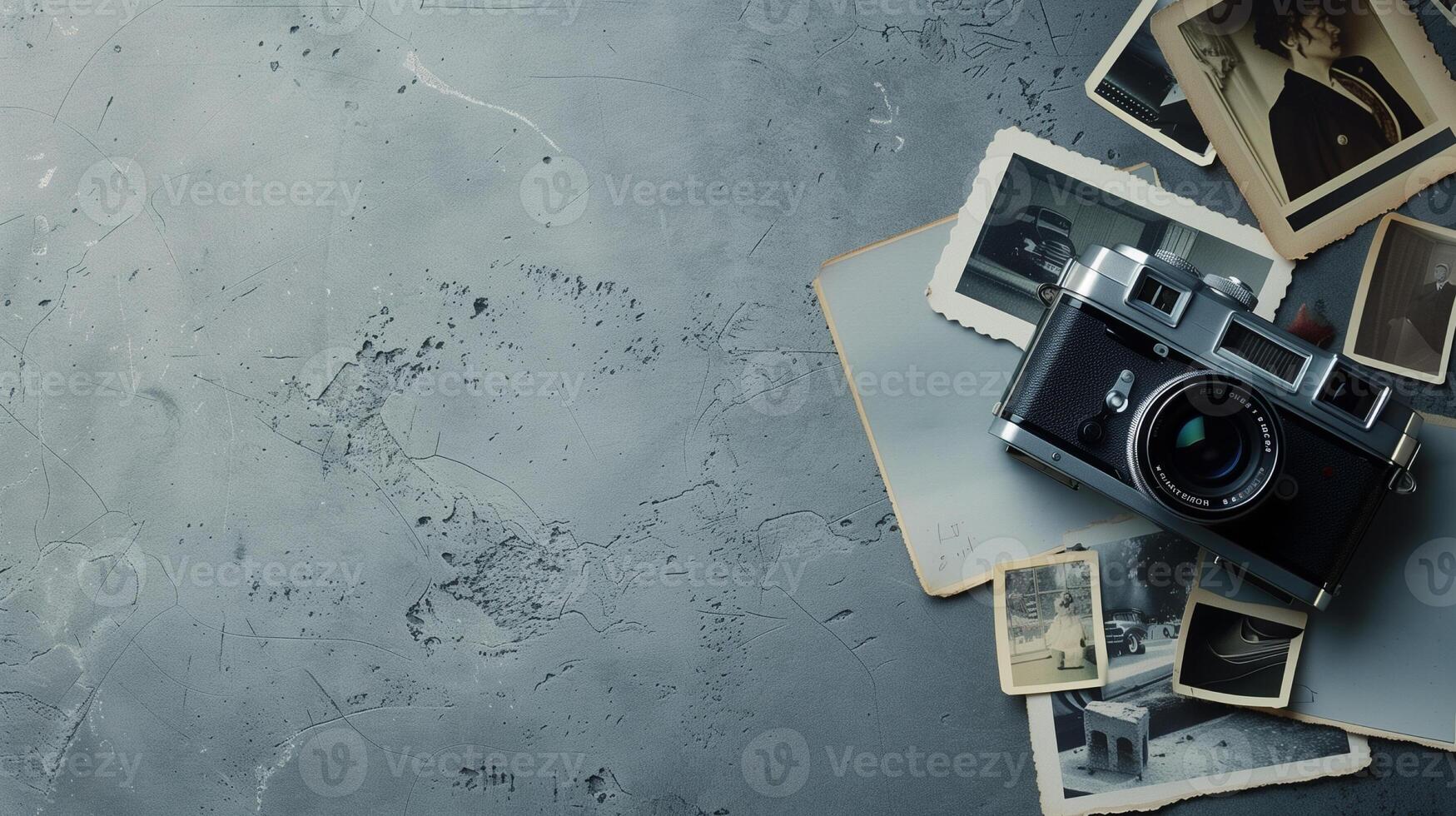 Camera and photographs lying on a plain surface on beautiful background, top view photo