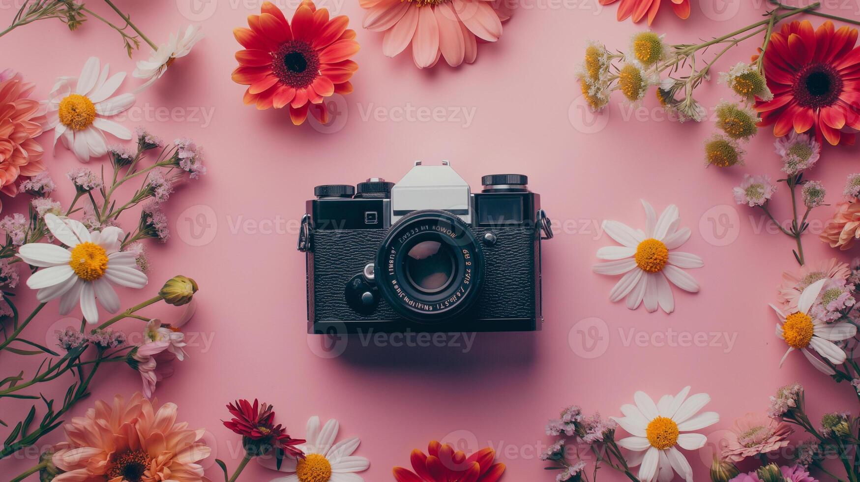 Camera lying on a plain surface on beautiful floral background with flowers, top view photo
