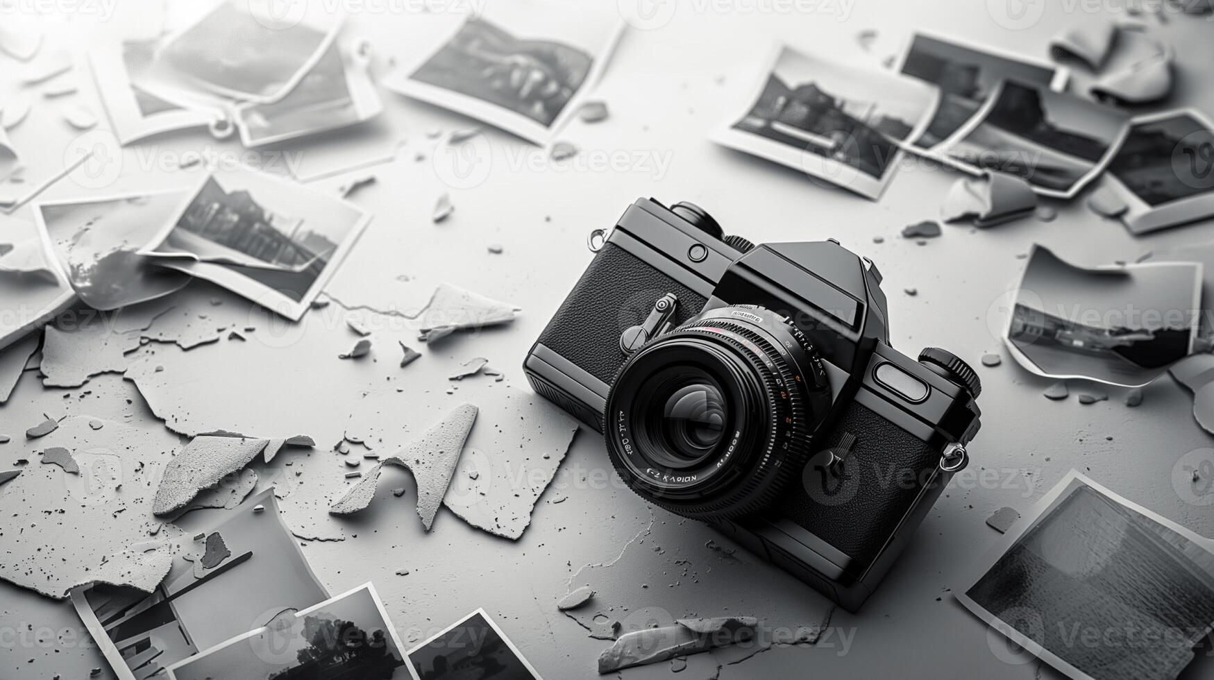 Camera and photographs lying on a plain surface on beautiful background, top view photo