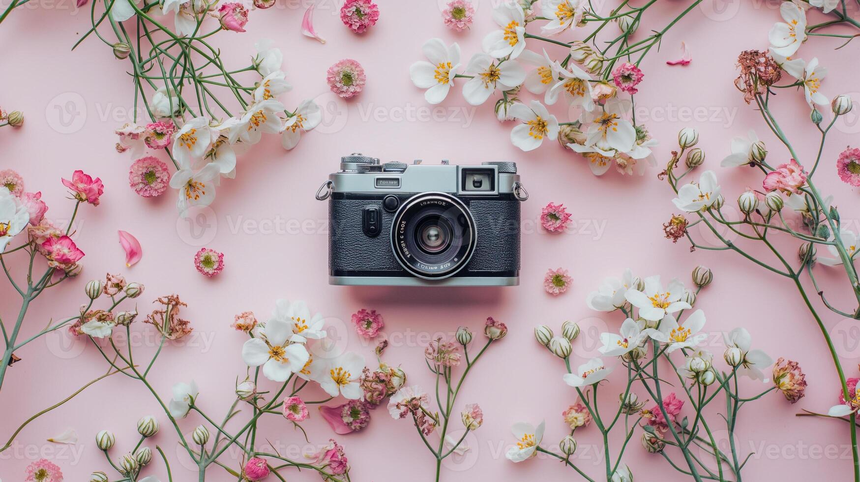 Camera lying on a plain surface on beautiful floral background with flowers, top view photo