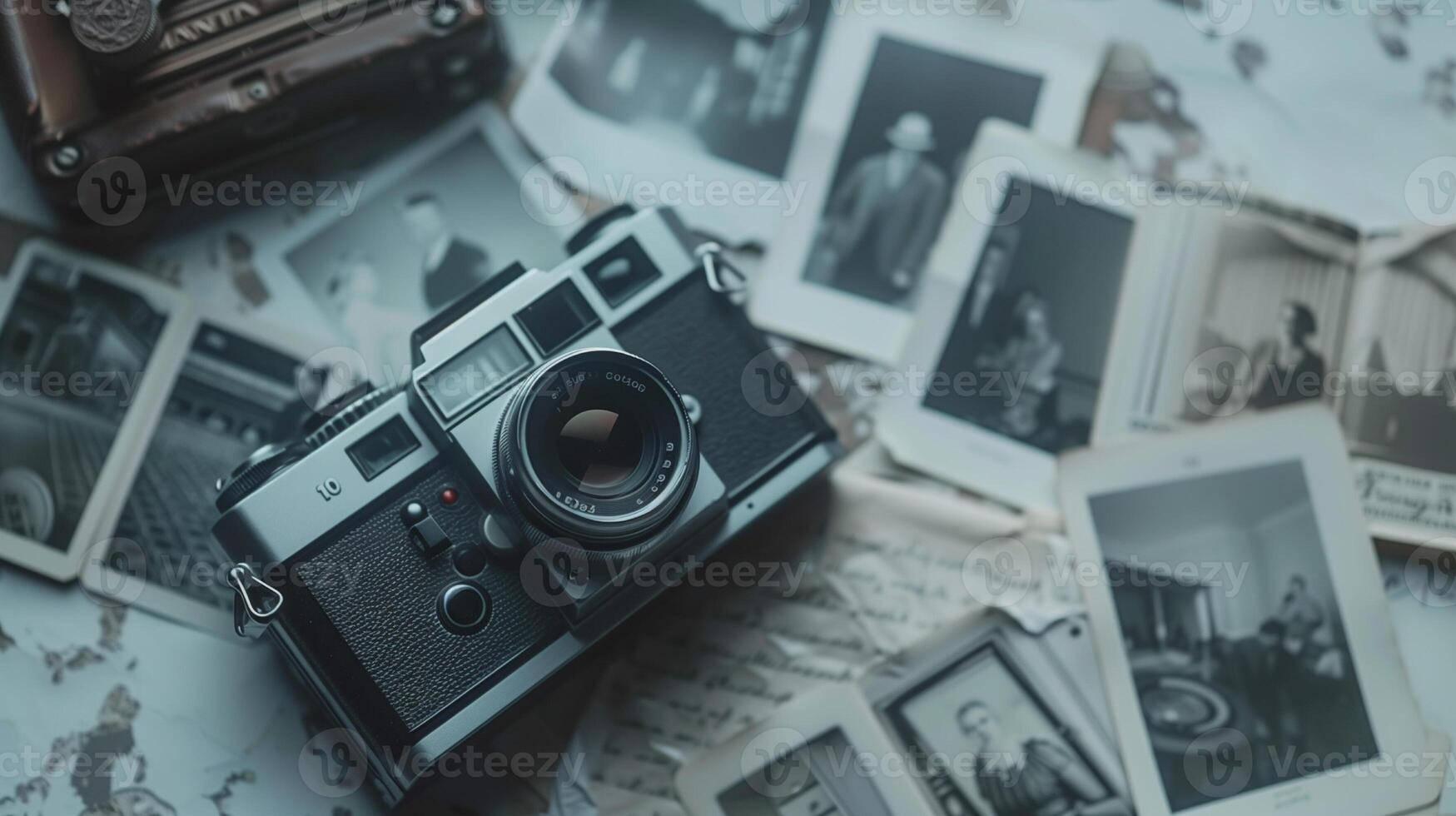 Camera and photographs lying on a plain surface on beautiful background, top view photo