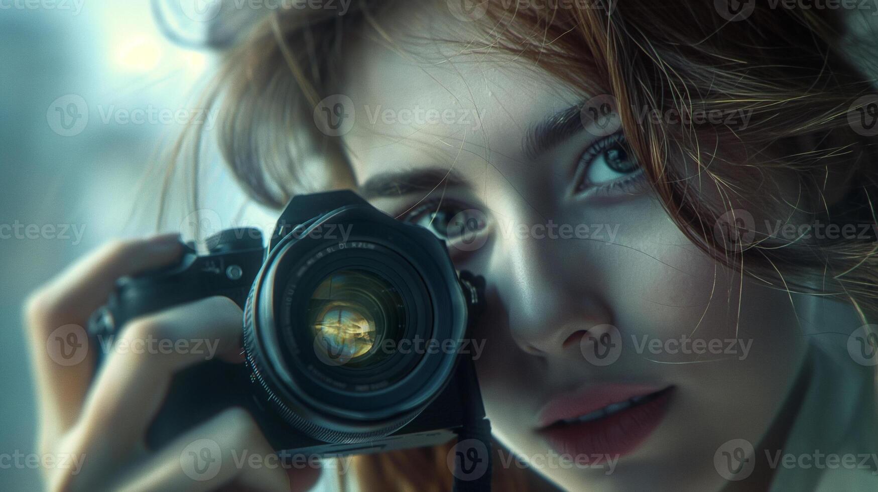 Woman with a camera on a beautiful background for World Photography Day photo