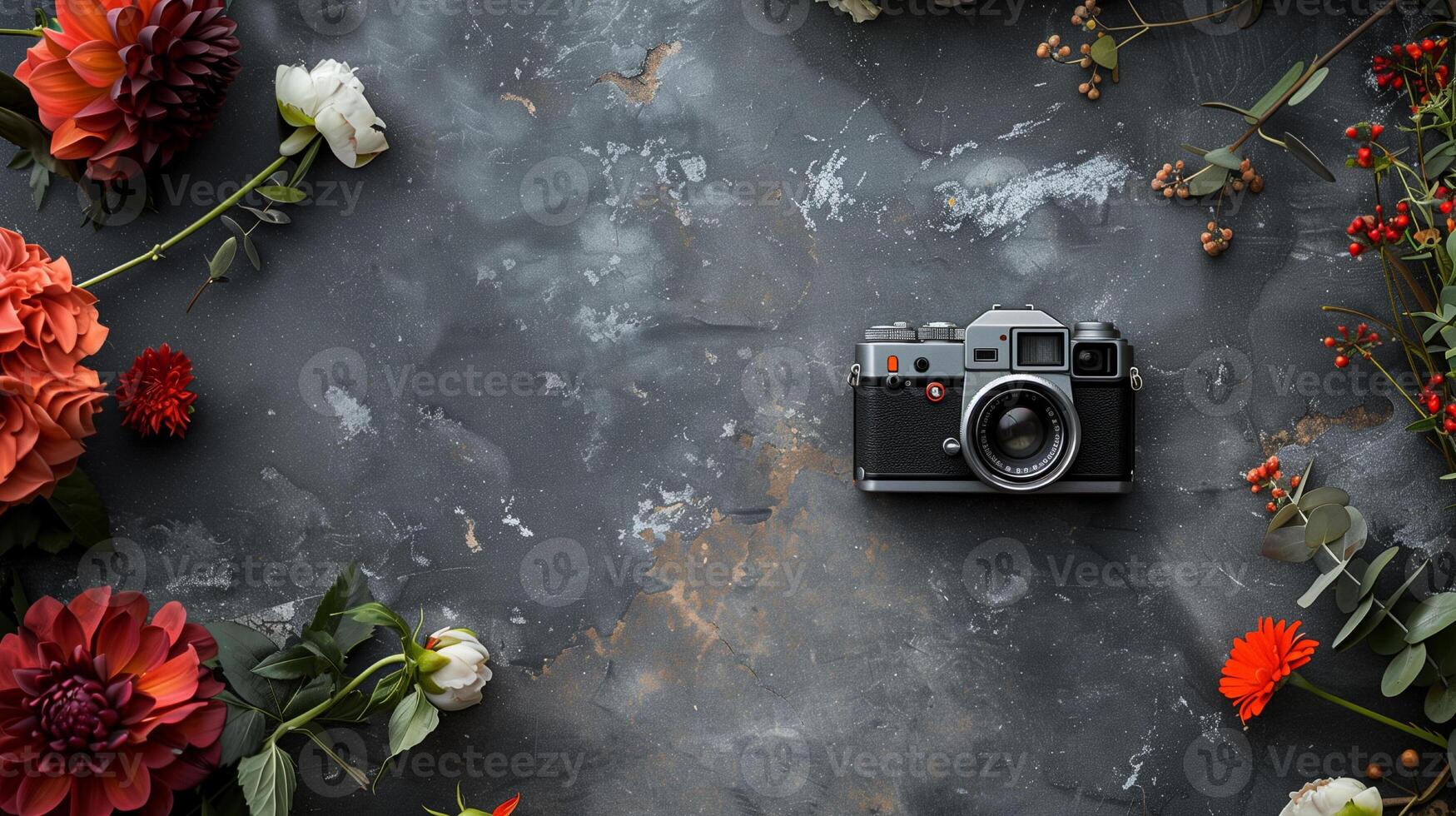 Camera lying on a plain surface on beautiful floral background with flowers, top view photo