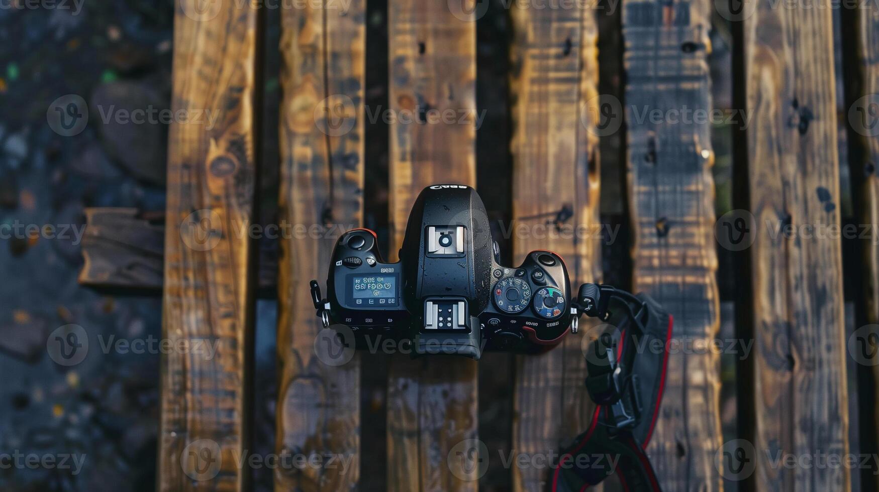 Camera lying on a wooden plain surface on beautiful background, top view photo