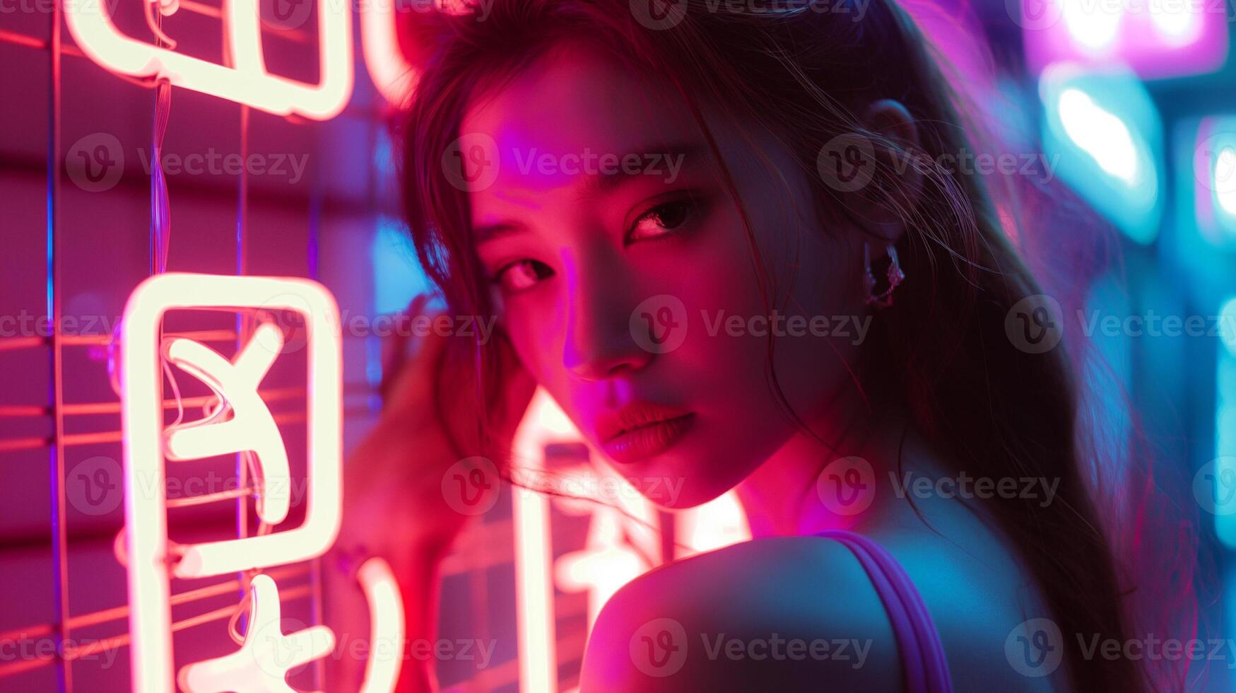 Photo of girl illuminated by neon sign, digital alphabet lettering, backlight, close up of upper body