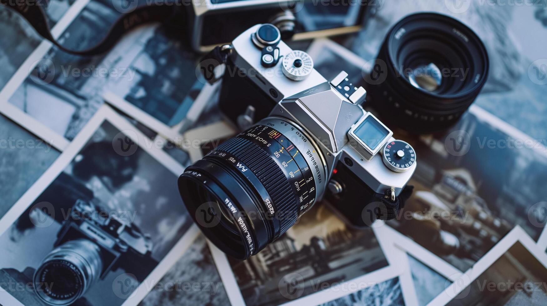 Camera and photographs lying on a plain surface on beautiful background, top view photo