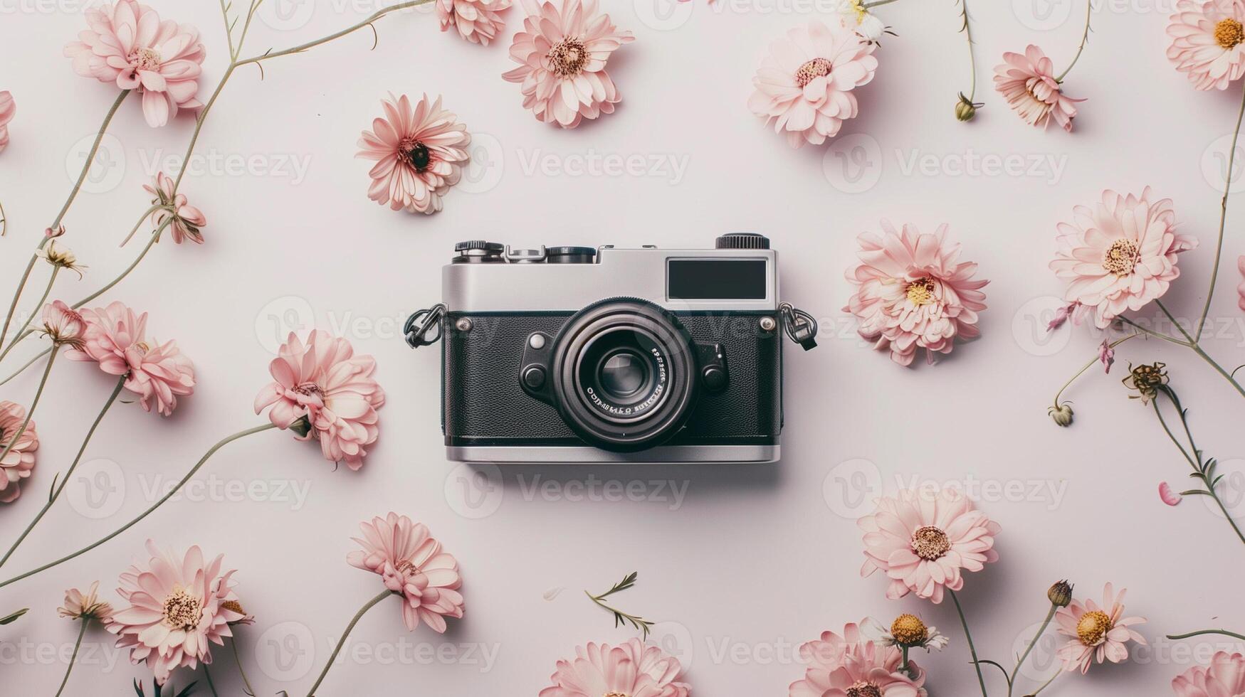 Camera lying on a plain surface on beautiful floral background with flowers, top view photo