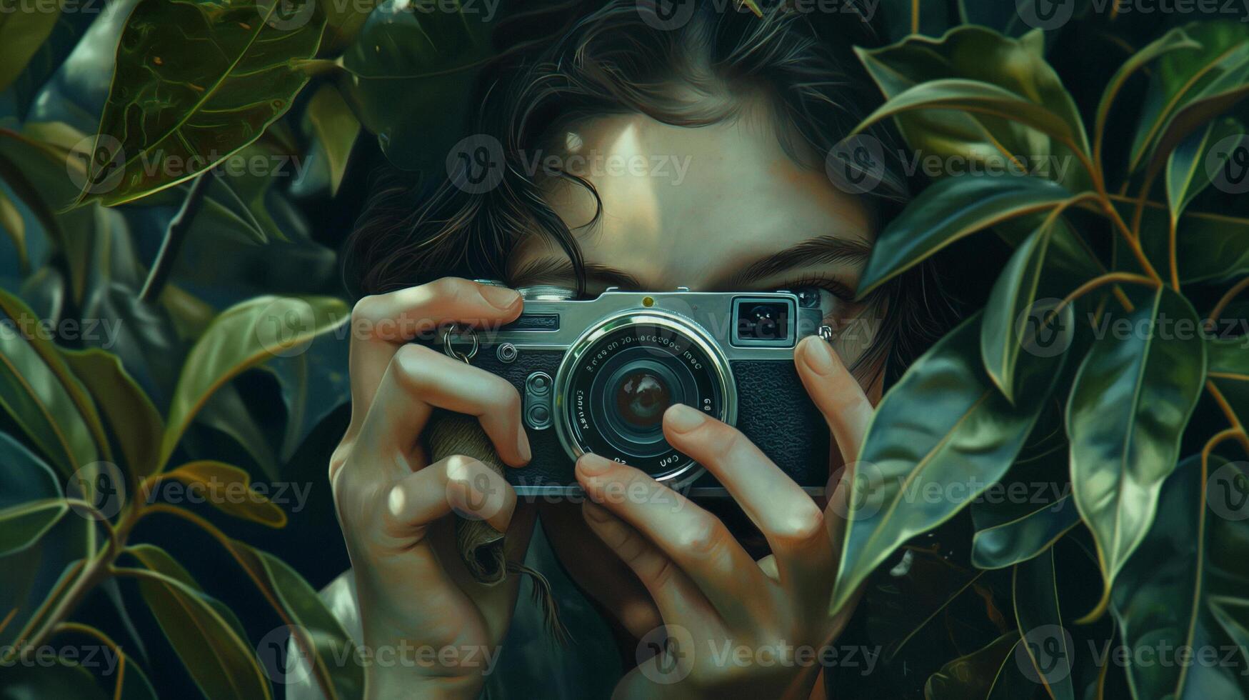 Woman with a camera on a beautiful background for World Photography Day photo