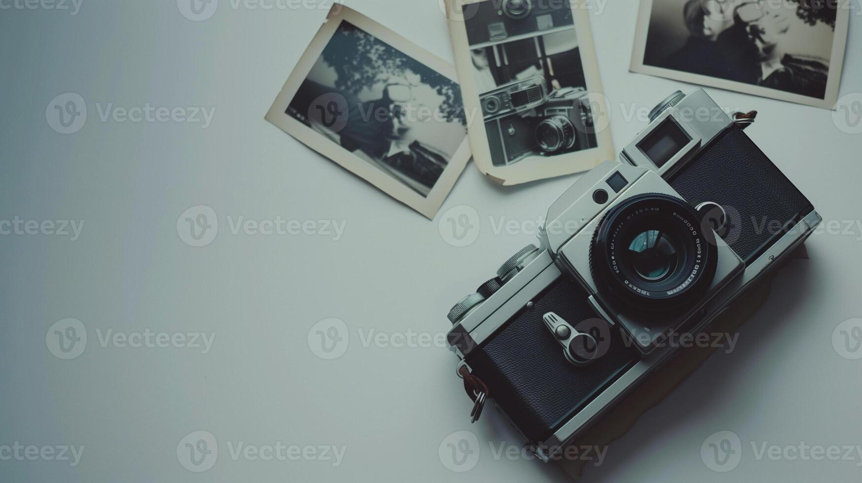 Camera and photographs lying on a plain surface on beautiful background, top view photo