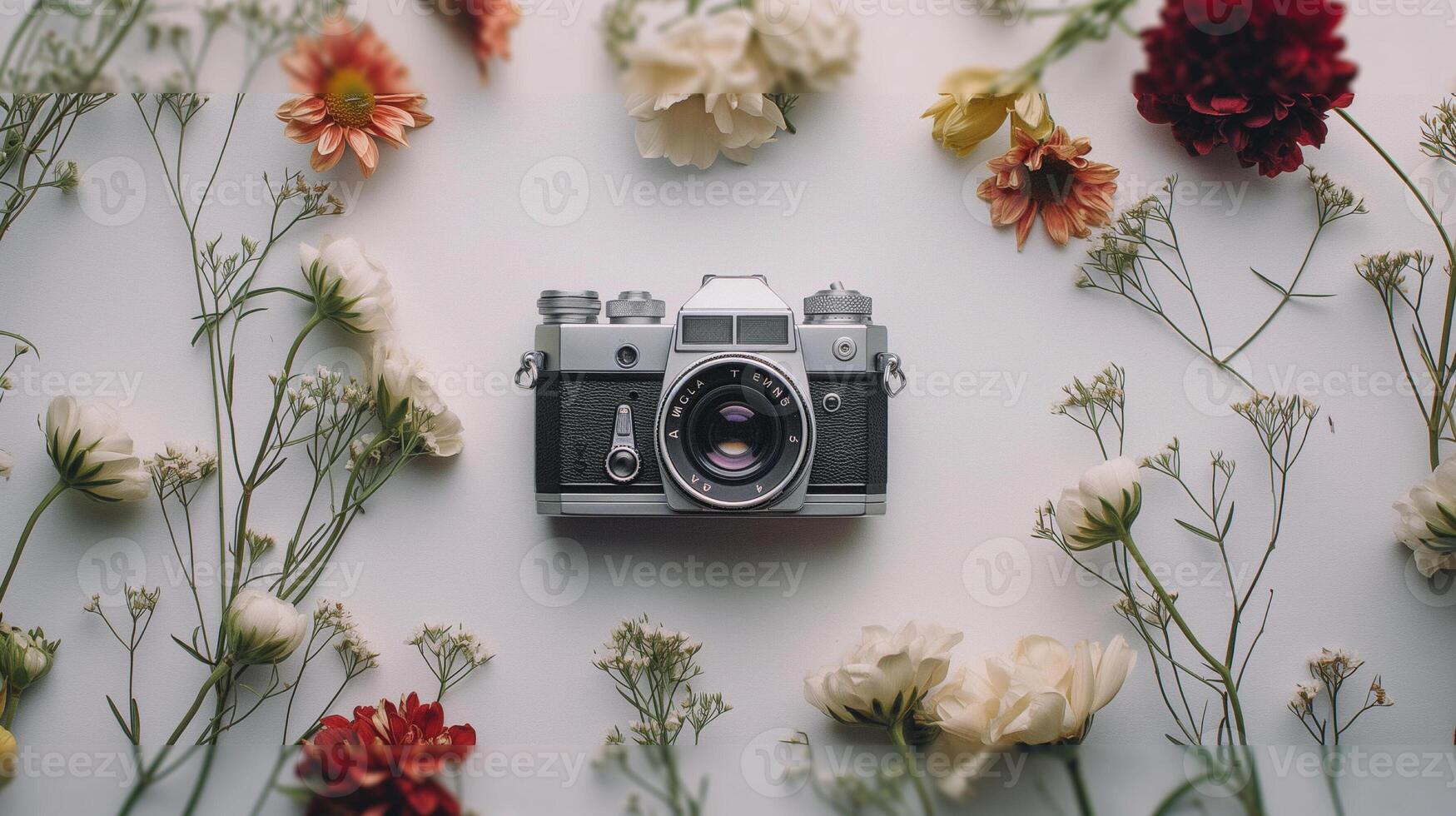 Camera lying on a plain surface on beautiful floral background with flowers, top view photo