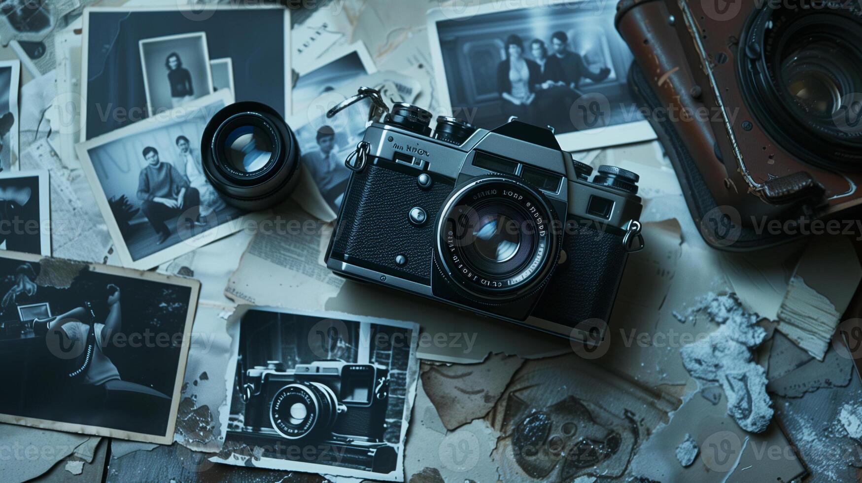Camera and photographs lying on a plain surface on beautiful background, top view photo