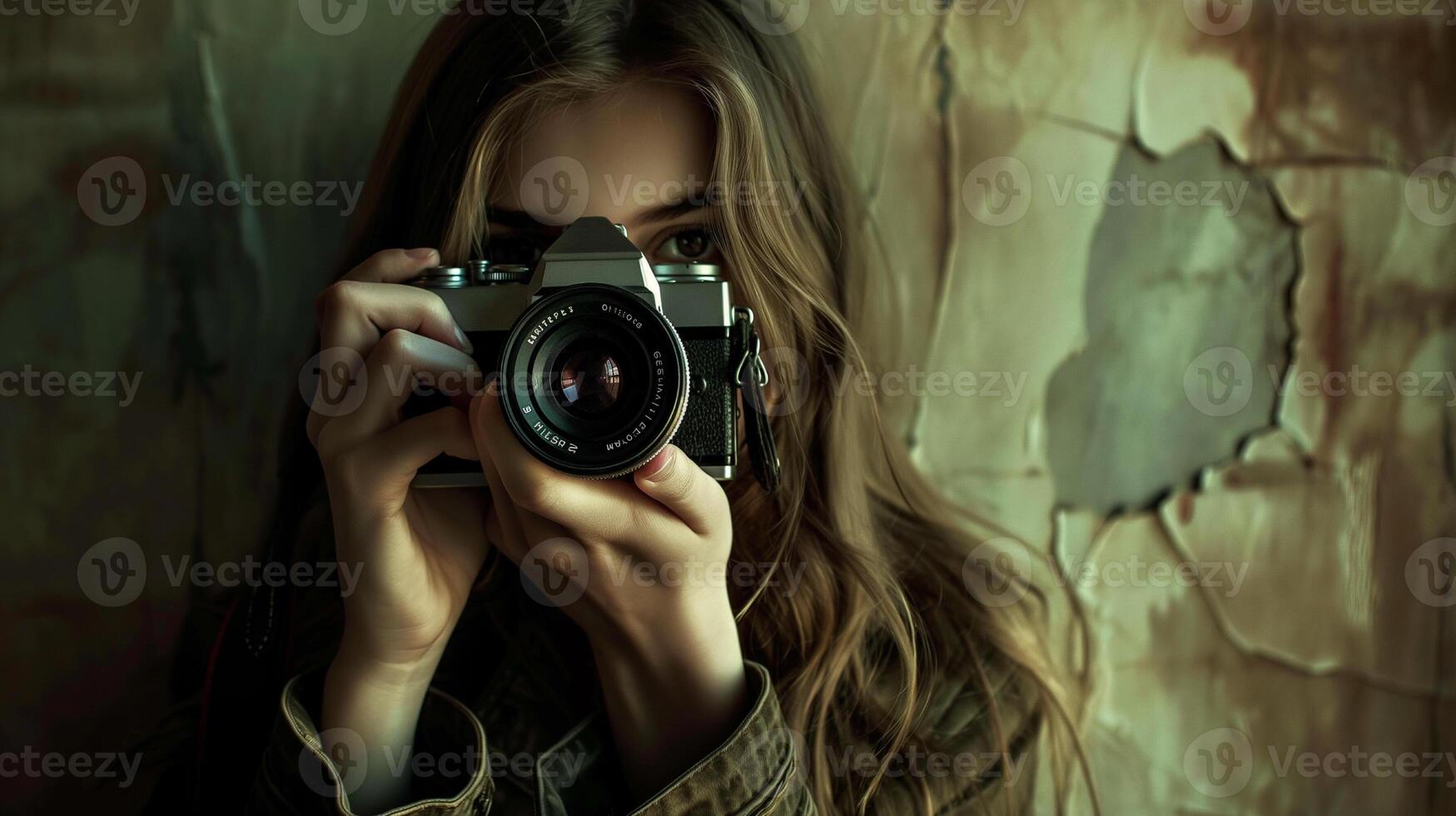 Woman with a camera on a beautiful background for World Photography Day photo