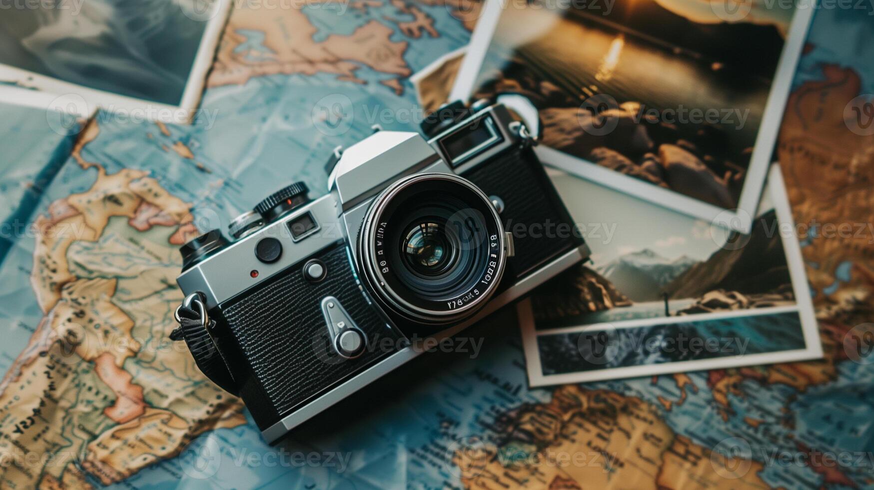 Camera and photographs lying on a plain surface on beautiful background, top view photo