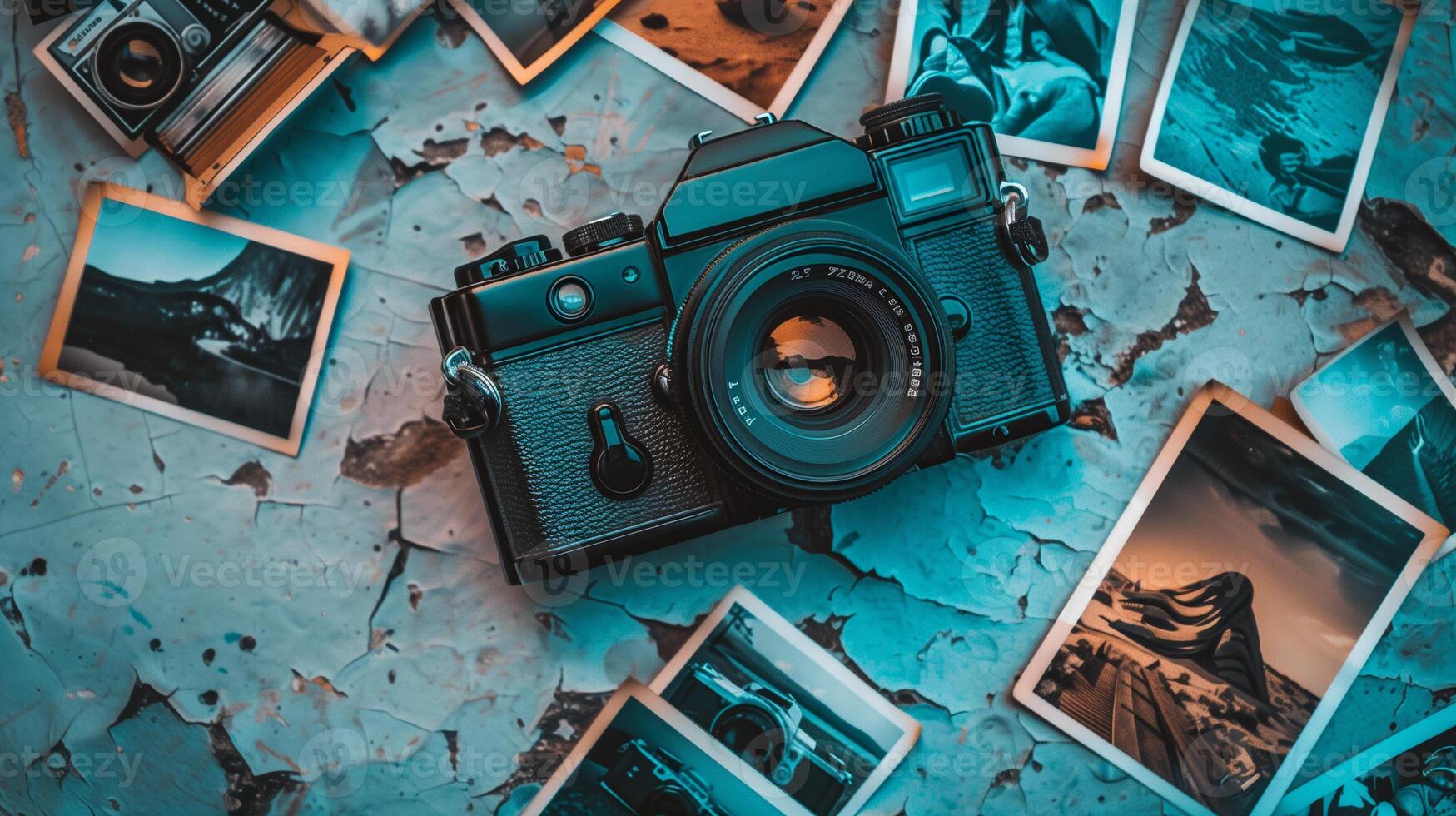 Camera and photographs lying on a plain surface on beautiful background, top view photo