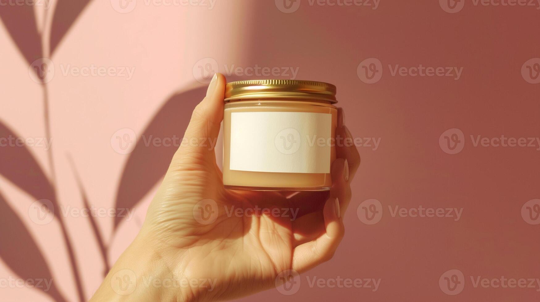 Skincare cosmetics in hand close up mockup on a beautiful natural background photo