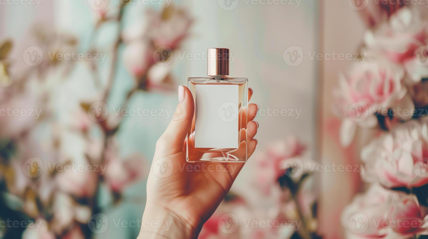 Perfume bottle in hand mockup with white blank label on beautiful background for branding product presentation photo