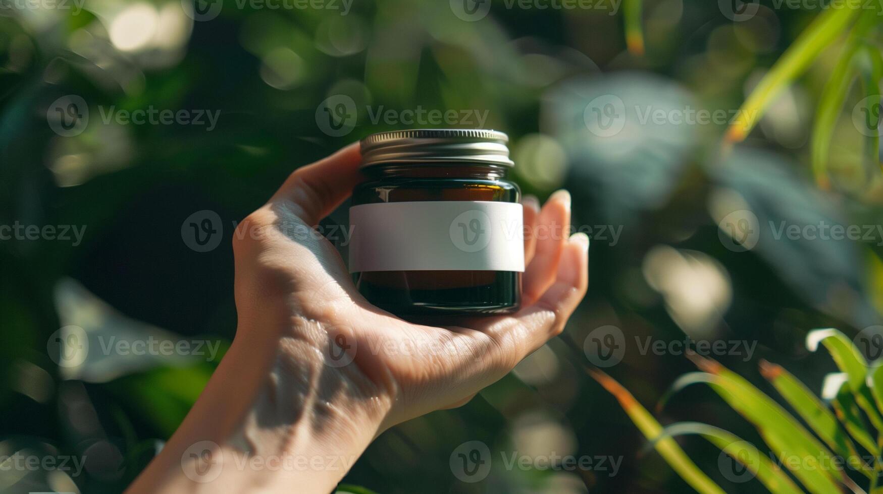 Skincare cosmetics in hand close up mockup on a beautiful natural background photo