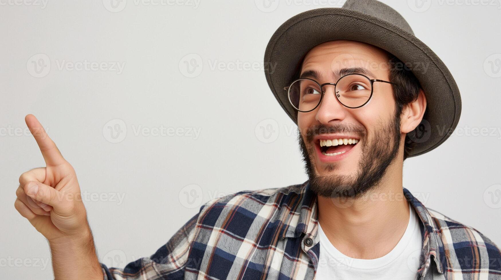Human smiling pointing at something isolated on white background photo