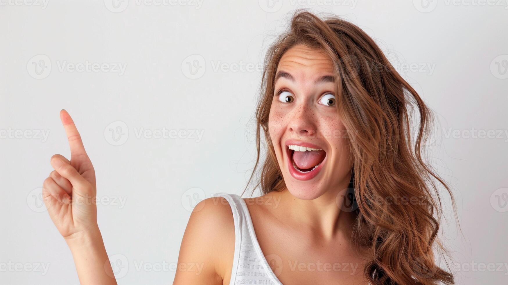 Human smiling pointing at something isolated on white background photo