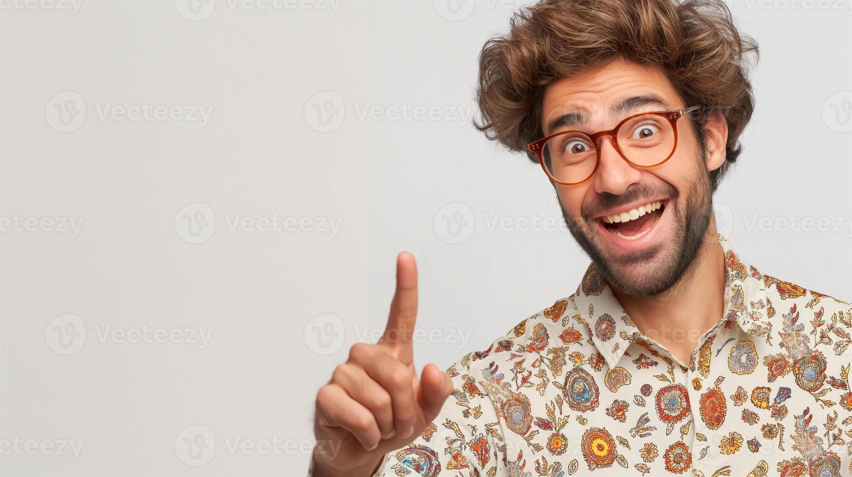 Human smiling pointing at something isolated on white background photo