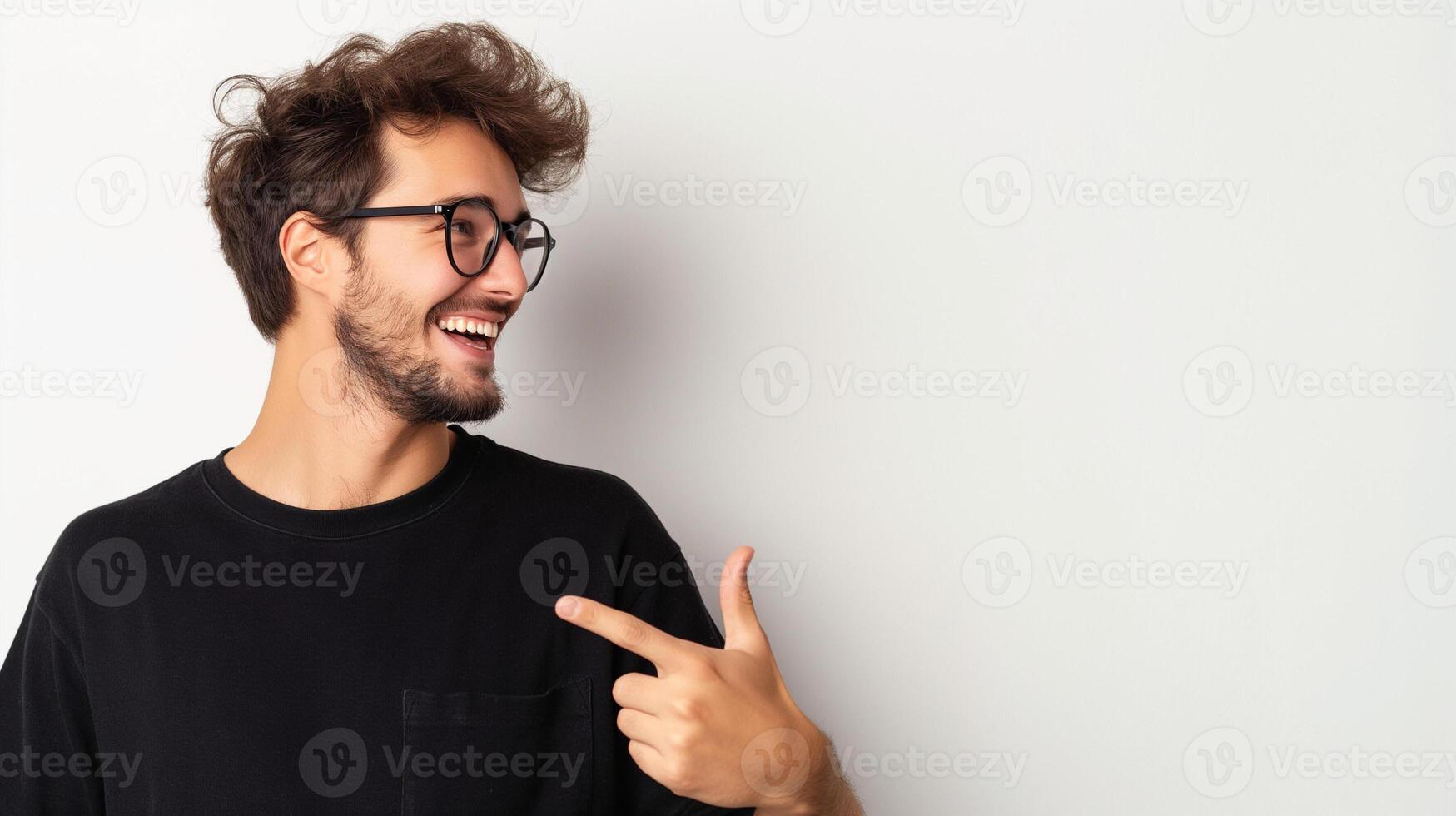 Human smiling pointing at something isolated on white background photo