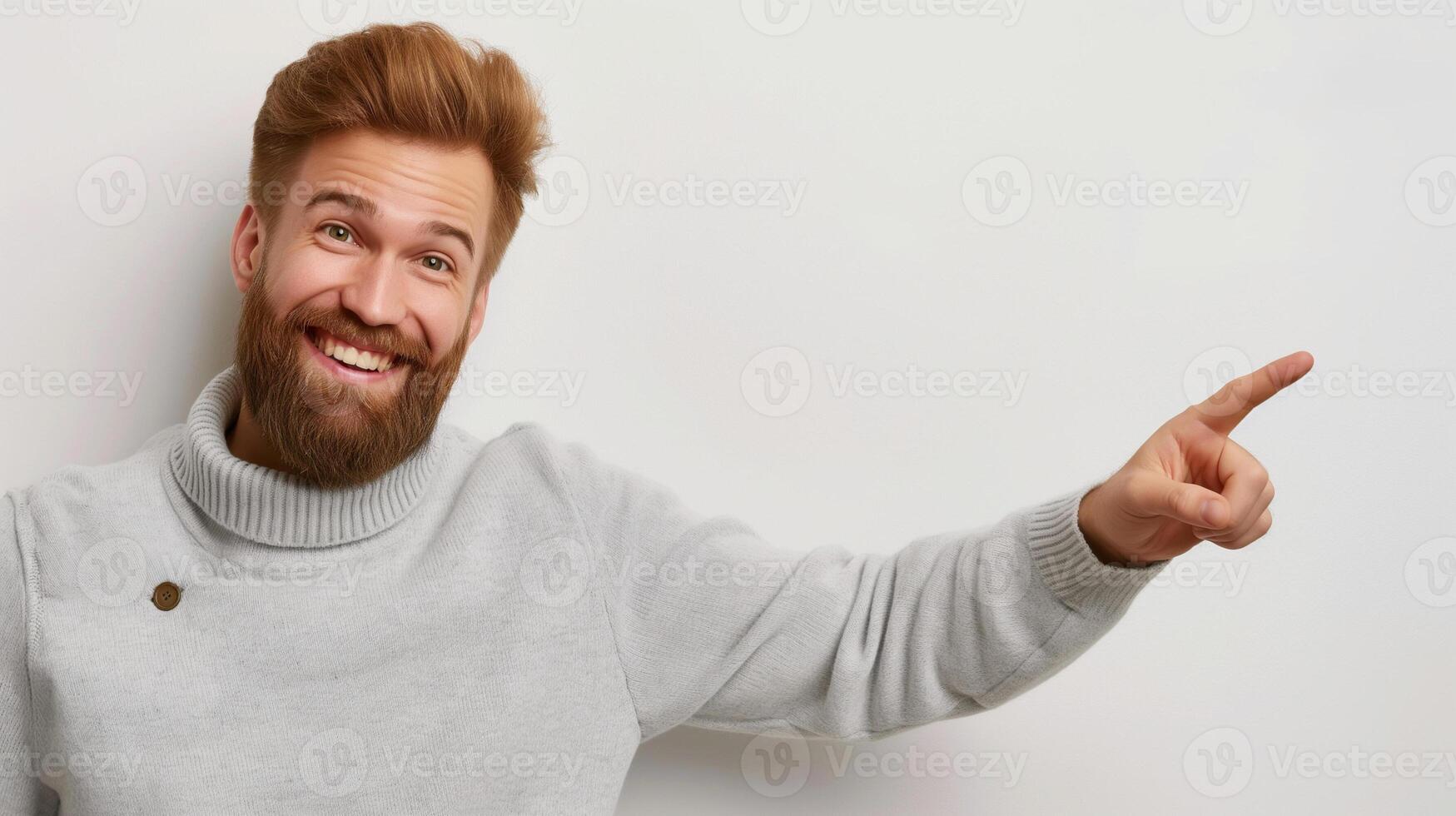 Human smiling pointing at something isolated on white background photo