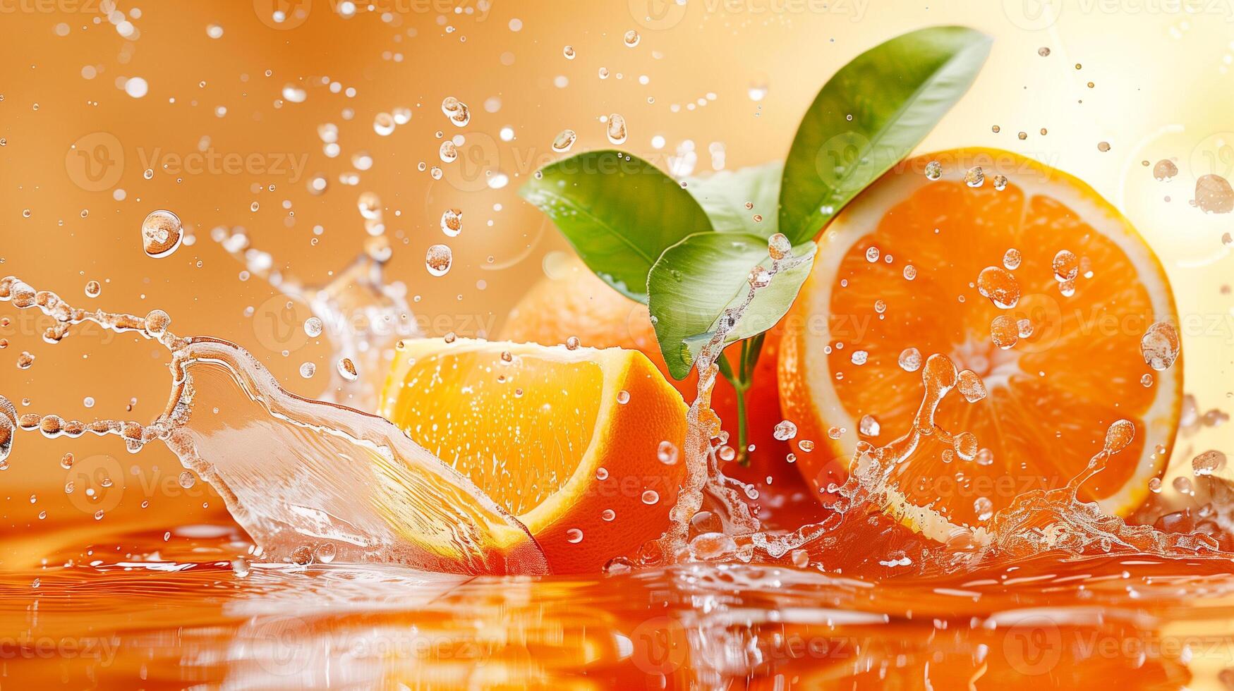Orange with leaves and splashes of water on a monochrome background photo